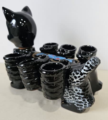 Cat Decanter w/Cups Antique Benson Handpainted Cat Decanter & 6 Cups Shot Glass - Thumbnail 6