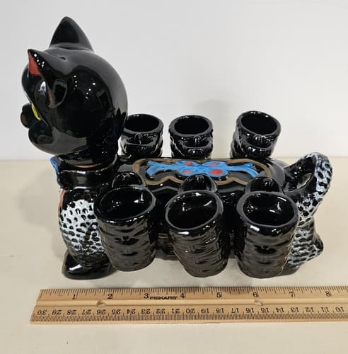 Cat Decanter w/Cups Antique Benson Handpainted Cat Decanter & 6 Cups Shot Glass - Thumbnail 13