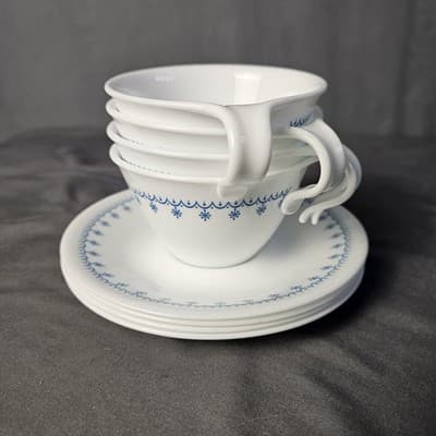 Vintage Corelle Blue Snow Flake Hook Handle Cups & Saucers Set Of 4 - Thumbnail 2