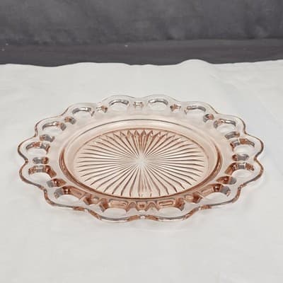 Vtg Luncheon Plate Lace Edge Pink by Anchor Hocking Depression Era Glass 8.25" - Thumbnail 2