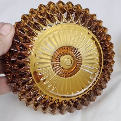 2 Vtg Amber Indiana Glass Diamond Point Ashtray Candle Holder Cigar Cigarette - Thumbnail 6