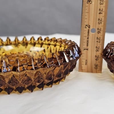 2 Vtg Amber Indiana Glass Diamond Point Ashtray Candle Holder Cigar Cigarette - Thumbnail 8