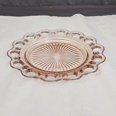Vtg Luncheon Plate Lace Edge Pink by Anchor Hocking Depression Era Glass 8.25" - Thumbnail 5
