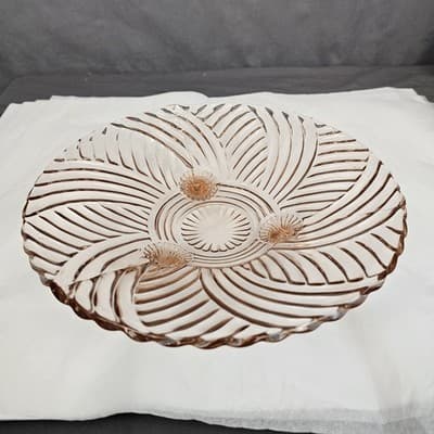 Vintage 9.75" Anchor Hocking Prismatic Swirl Pink Depression Glass 3 Footed Bowl - Thumbnail 2
