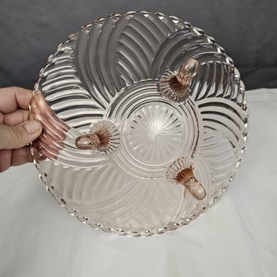 Vintage 9.75" Anchor Hocking Prismatic Swirl Pink Depression Glass 3 Footed Bowl - Thumbnail 4