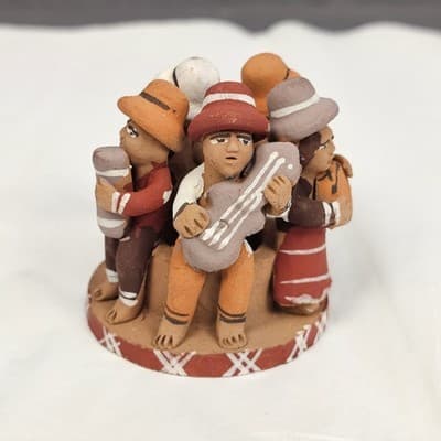 Vintage Peruvian Terra Cotta Clay Pottery Folk Art Circle Of Musicians 2.2" Tall - Thumbnail 2