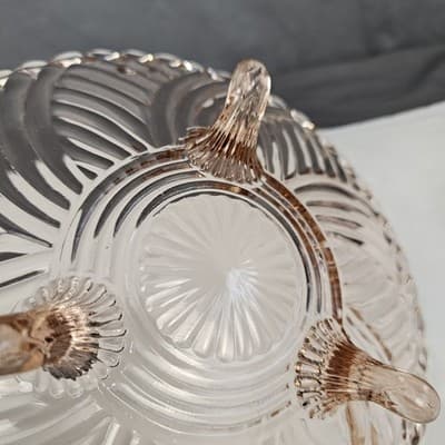 Vintage 9.75" Anchor Hocking Prismatic Swirl Pink Depression Glass 3 Footed Bowl - Thumbnail 5