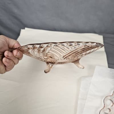 Vintage 9.75" Anchor Hocking Prismatic Swirl Pink Depression Glass 3 Footed Bowl - Thumbnail 10