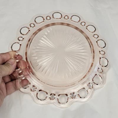 Vtg Luncheon Plate Lace Edge Pink by Anchor Hocking Depression Era Glass 8.25" - Thumbnail 4