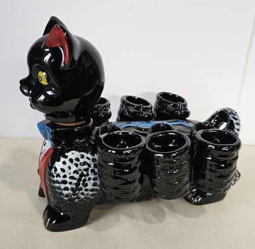 Cat Decanter w/Cups Antique Benson Handpainted Cat Decanter & 6 Cups Shot Glass - Thumbnail 4