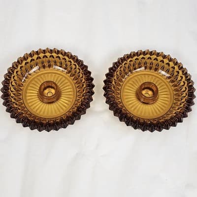 2 Vtg Amber Indiana Glass Diamond Point Ashtray Candle Holder Cigar Cigarette - Thumbnail 2