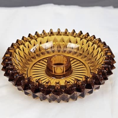 2 Vtg Amber Indiana Glass Diamond Point Ashtray Candle Holder Cigar Cigarette - Thumbnail 5