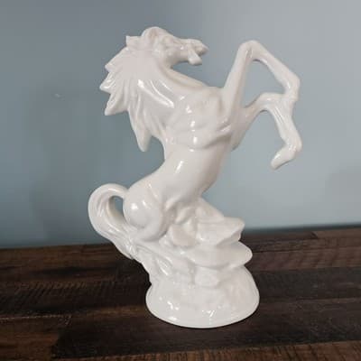 Gray White Rearing Porcelain Horse Figurine 10" Tall Vintage Mid Century - Thumbnail 3