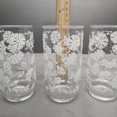 3 Vintage Libbey Glasses Clear with White Flowers 12oz. - Thumbnail 4