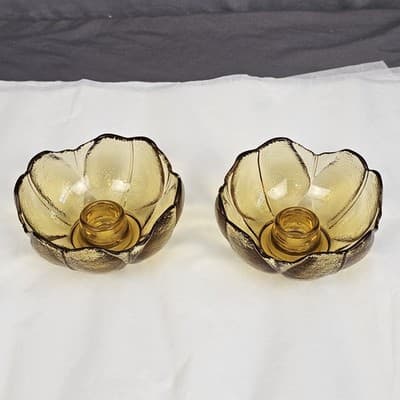 Vintage Set 2” Anchor Hocking Amber Textured Floral Pedals Tulip Candle Holder - Thumbnail 2