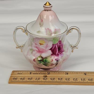Victorian Floral Hand Painted Handled Lidded Sugar Bowl Gold Occupied Japan - Thumbnail 6