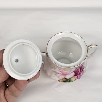 Victorian Floral Hand Painted Handled Lidded Sugar Bowl Gold Occupied Japan - Thumbnail 3