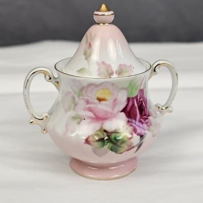 Victorian Floral Hand Painted Handled Lidded Sugar Bowl Gold Occupied Japan