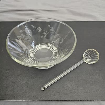 Cut Glass Clear Dip Bowl and Glass Serving Spoon 2.5" Tall x 5" Diameter - Thumbnail 4