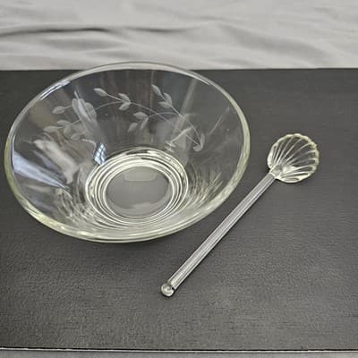 Cut Glass Clear Dip Bowl and Glass Serving Spoon 2.5" Tall x 5" Diameter - Thumbnail 6