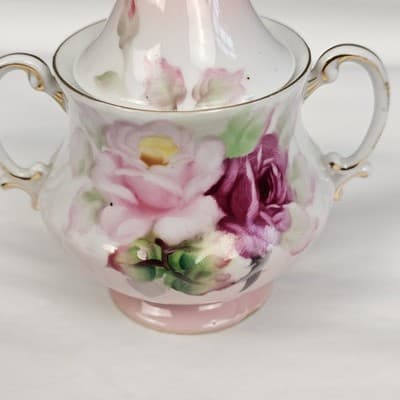 Victorian Floral Hand Painted Handled Lidded Sugar Bowl Gold Occupied Japan - Thumbnail 2