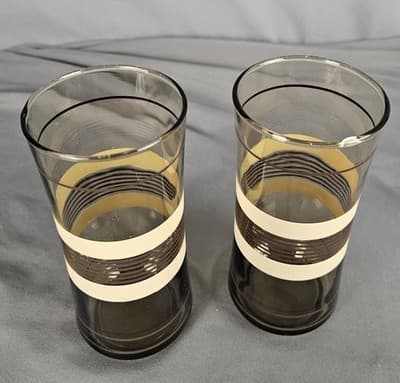 Set of 2 Libbey Striped Brown and Tan 1970's Retro Glasses Tumblers 16oz - Thumbnail 3