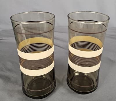 Set of 2 Libbey Striped Brown and Tan 1970's Retro Glasses Tumblers 16oz - Thumbnail 2