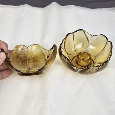 Vintage Set 2” Anchor Hocking Amber Textured Floral Pedals Tulip Candle Holder - Thumbnail 10