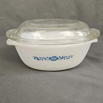 Termocrisa Milk Glass Baking Dish Casserole Blue Flowers w Lid 7.5" x 2.25 Deep