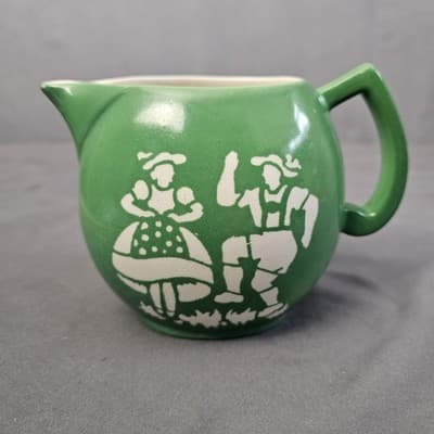 Vintage Green Creamer Pitcher Slavic Czechoslovakian Folk Dancing Boy Girl