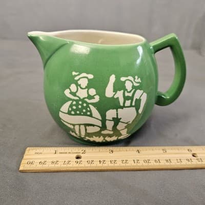 Vintage Green Creamer Pitcher Slavic Czechoslovakian Folk Dancing Boy Girl - Thumbnail 7