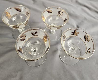 VTG MCM Set Of 4 Libbey Frosted Gold Foliage Leaf 4 oz. Stemmed Glasses Dessert - Thumbnail 3