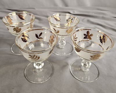 VTG MCM Set Of 4 Libbey Frosted Gold Foliage Leaf 4 oz. Stemmed Glasses Dessert - Thumbnail 2