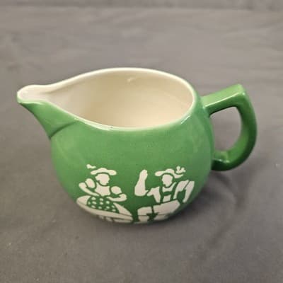 Vintage Green Creamer Pitcher Slavic Czechoslovakian Folk Dancing Boy Girl - Thumbnail 2