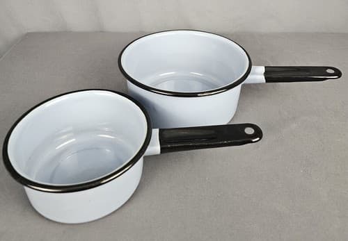 VTG Sauce Pans Blue ENAMELWARE w/ BLACK RIM 2-1/2" & 7" FARMHOUSE POTS Set of 2 - Thumbnail 2