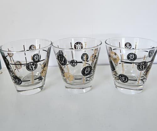 Lot of 3 Vtg Libbey MCM Gold Black Coin Glasses Cocktail Whiskey Bar Ware