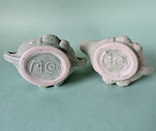 VINTAGE MCCOY PINE CONE CREAMER AND SUGAR BOWL SET CREAM GREEN BROWN - Thumbnail 4