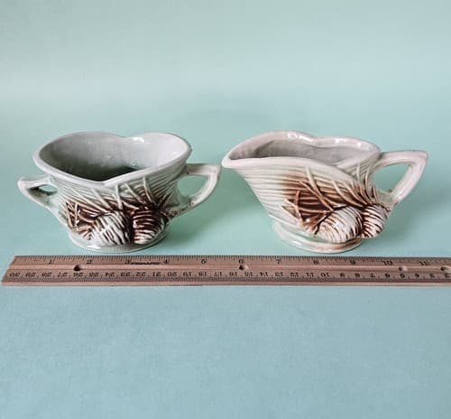 VINTAGE MCCOY PINE CONE CREAMER AND SUGAR BOWL SET CREAM GREEN BROWN - Thumbnail 10