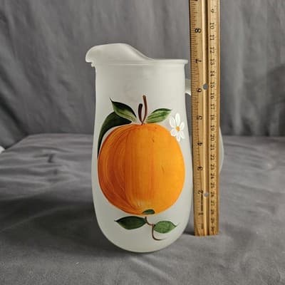 Vintage Frosted Pitcher with Orange Painting 8" Tall - Thumbnail 5