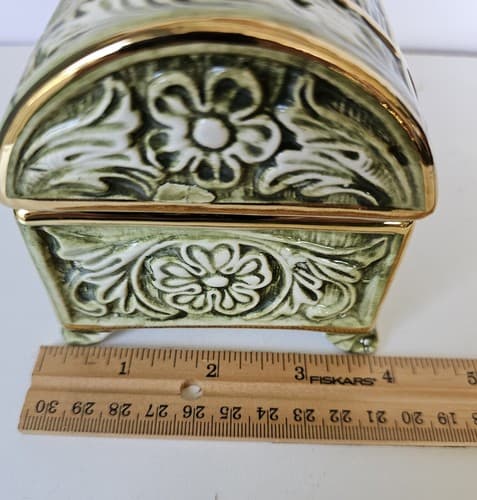 Vintage R. Capodimonte MAS Jewelry box Porcelain Trunk Green - Thumbnail 10