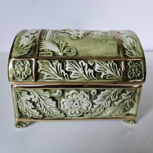 Vintage R. Capodimonte MAS Jewelry box Porcelain Trunk Green - Thumbnail 4
