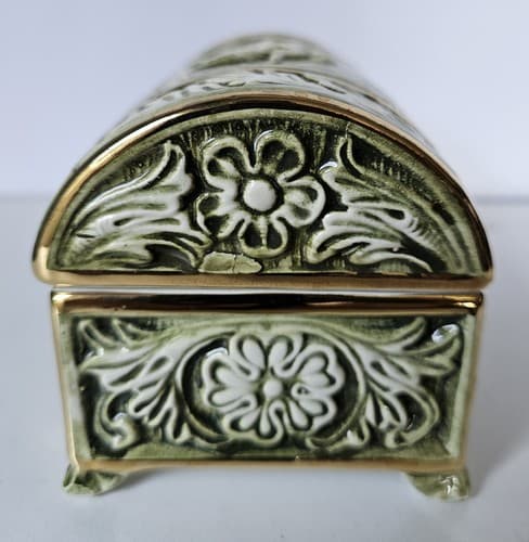Vintage R. Capodimonte MAS Jewelry box Porcelain Trunk Green - Thumbnail 3