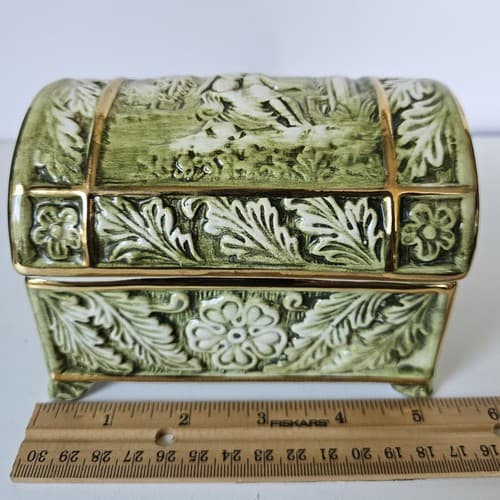 Vintage R. Capodimonte MAS Jewelry box Porcelain Trunk Green - Thumbnail 9