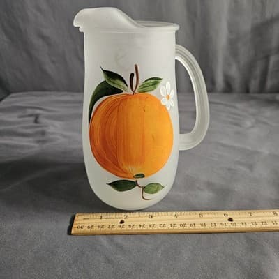 Vintage Frosted Pitcher with Orange Painting 8" Tall - Thumbnail 6