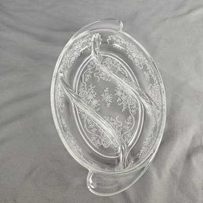 Fostoria Glass 3- part 12.25 Inch Oval Relish dish, Romance pattern 1942-82 - Thumbnail 2