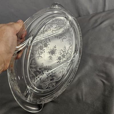 Fostoria Glass 3- part 12.25 Inch Oval Relish dish, Romance pattern 1942-82 - Thumbnail 3