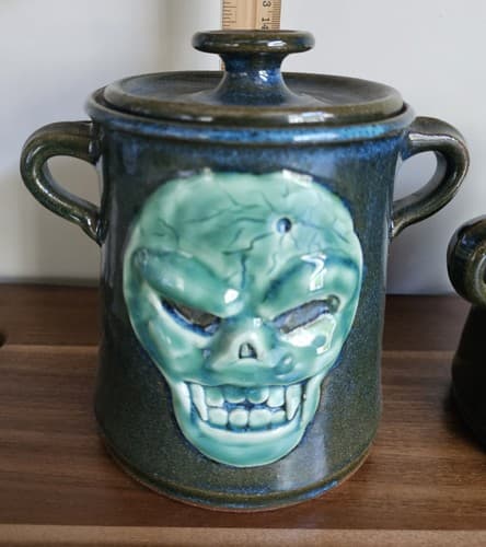 Scull Handmade Pottery 3 Canisters Green Jar Storage Unique - Thumbnail 10