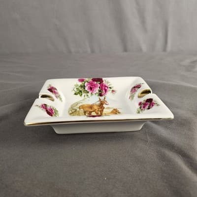 Porcelain Ashtray Horse & Foal Roses Gold Trim Vintage Decorative Equestrain - Thumbnail 3