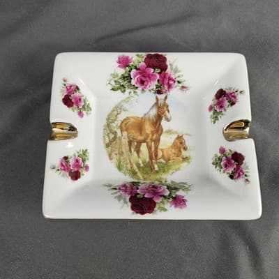 Porcelain Ashtray Horse & Foal Roses Gold Trim Vintage Decorative Equestrain - Thumbnail 2