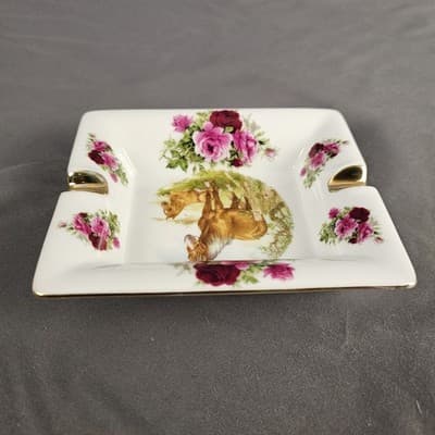 Porcelain Ashtray Horse & Foal Roses Gold Trim Vintage Decorative Equestrain - Thumbnail 4
